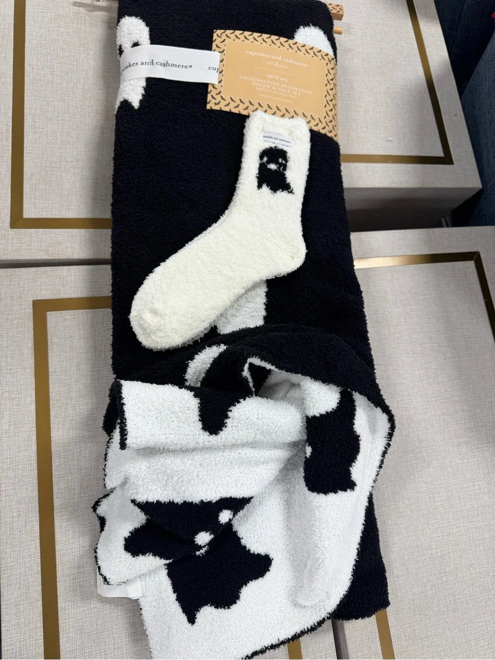cupcake and cashmere Cozy Black & White Fuzzy Sock and blanket Set